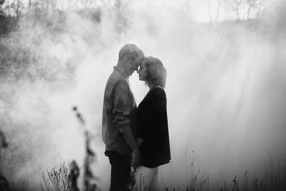 romantic engagement session with smoke bombs