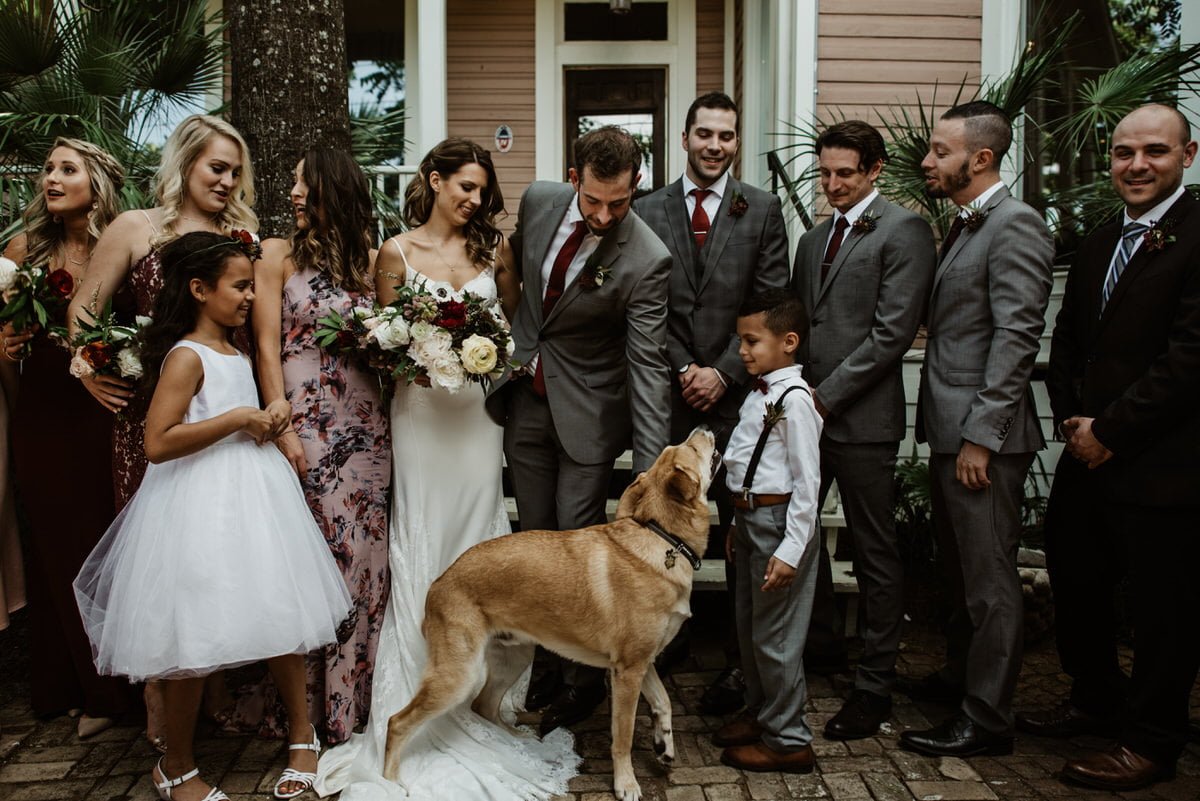 bridal party photo with dog