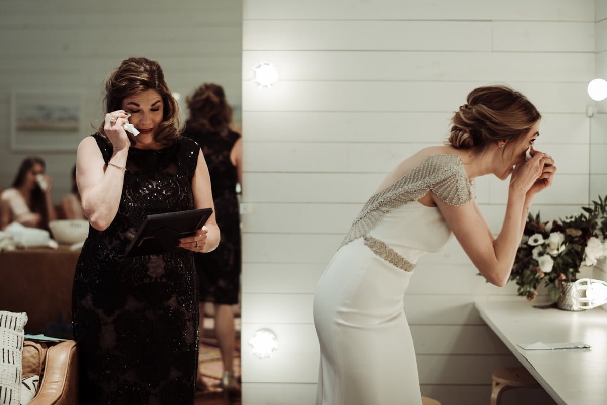 emotional moment between bride and mother on wedding day