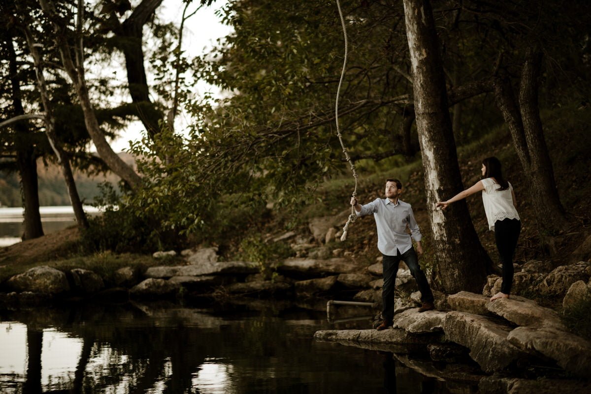 engagement session with rope swing