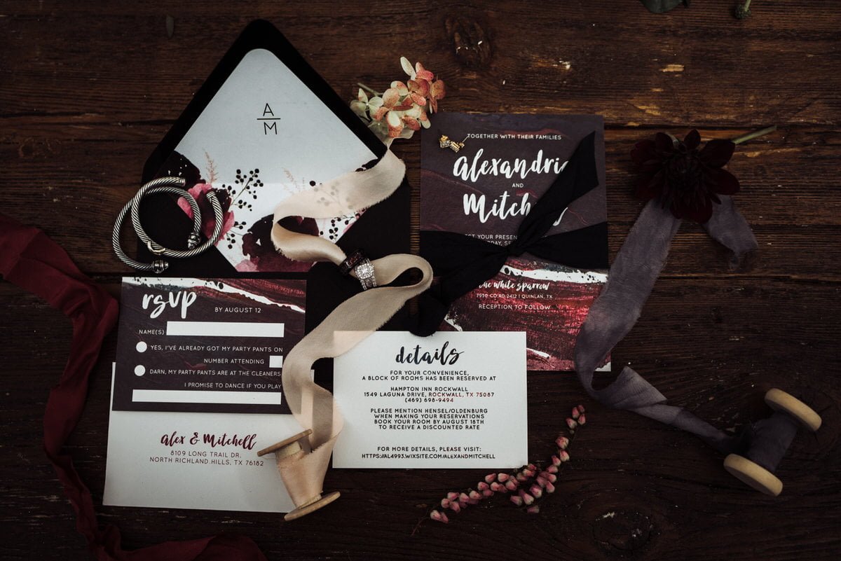 dark and mauve wedding invitation set
