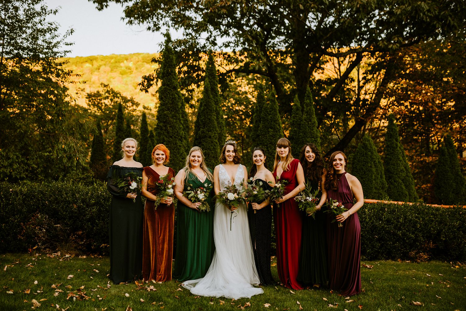 bridesmaids with jewel toned dresses