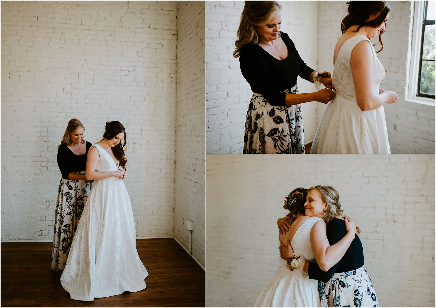 bride and mother putting on wedding dress