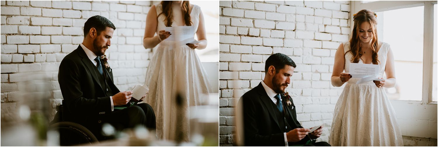 bride and groom reading letters together