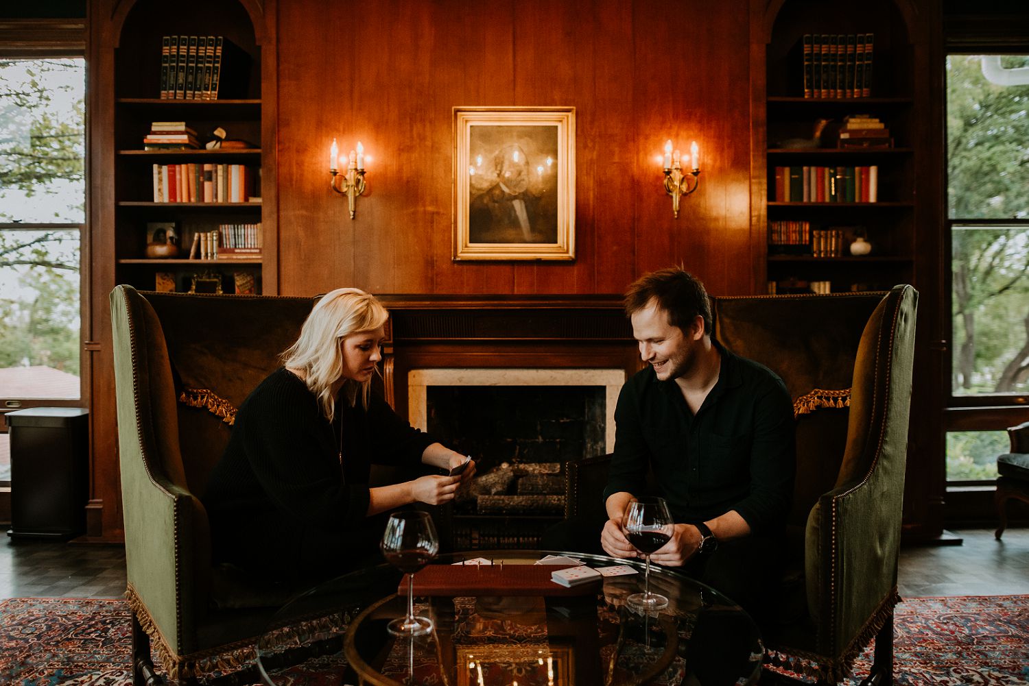 couple plays cribbage during engagement session