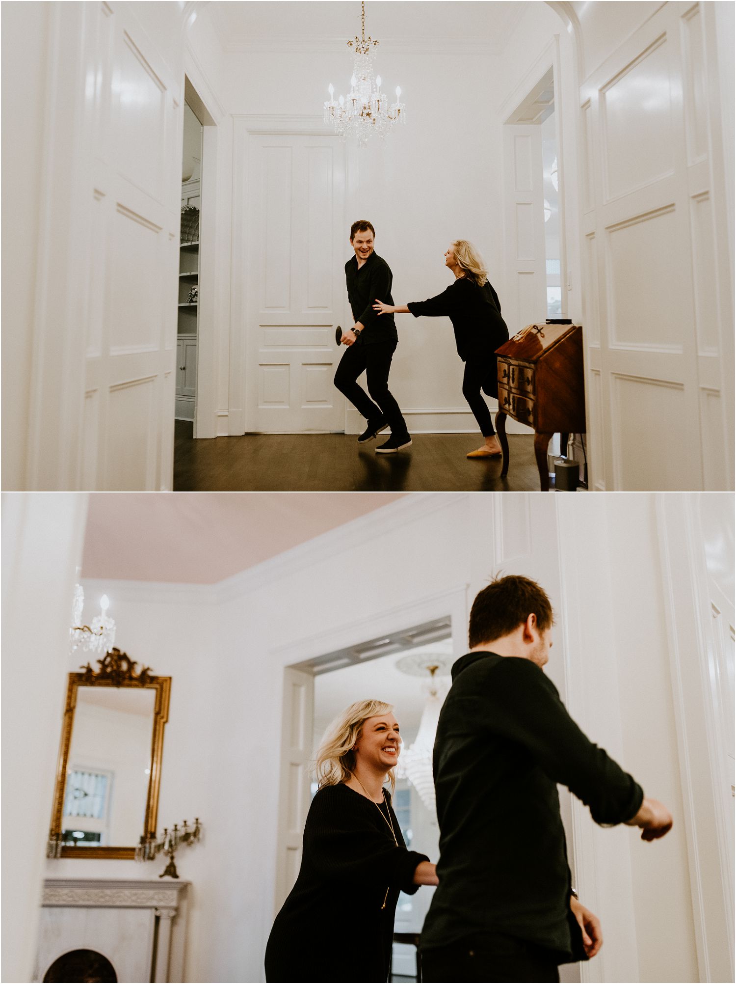 playful engagement photos at Woodbine Mansion