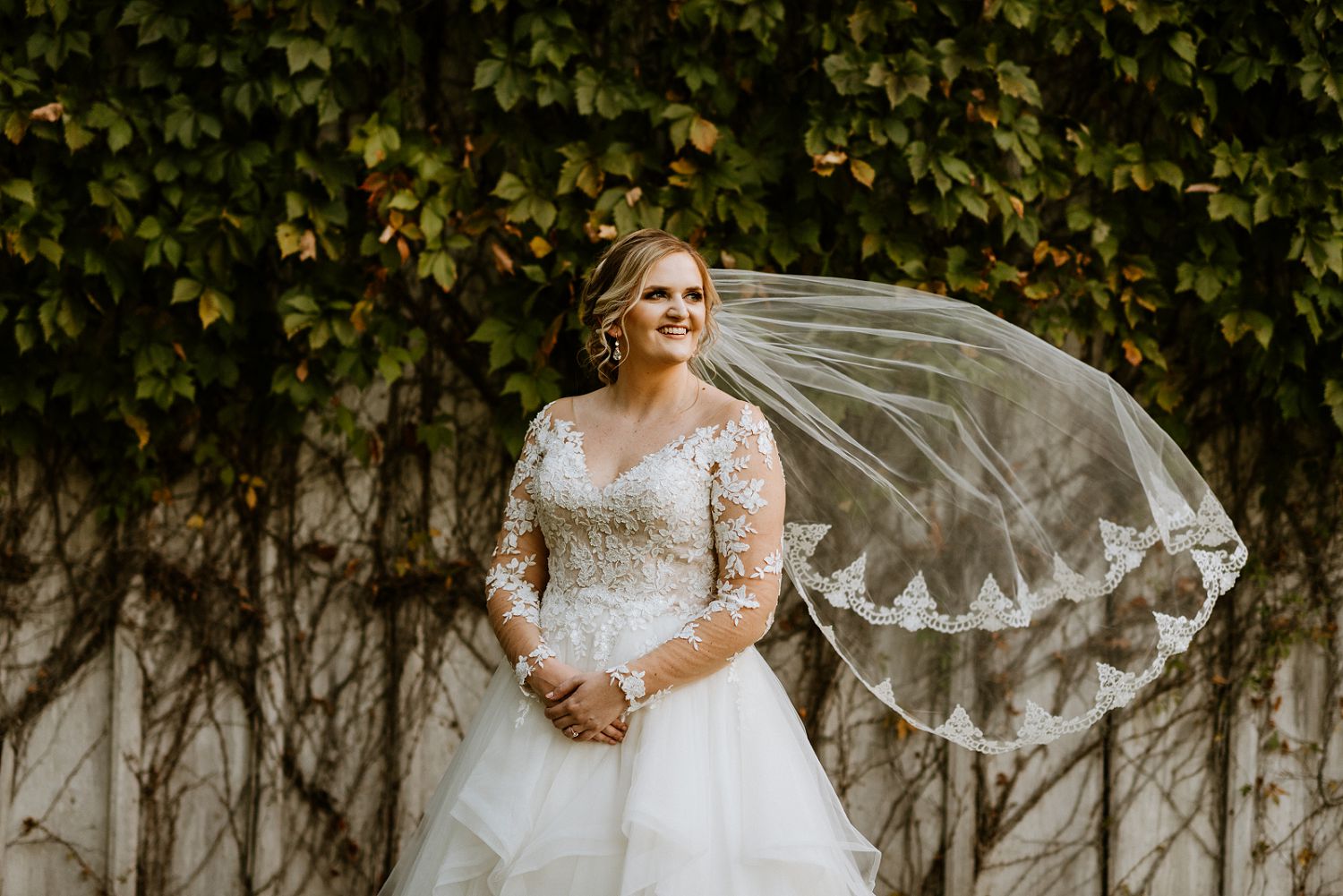 bride's veil blowing in wind