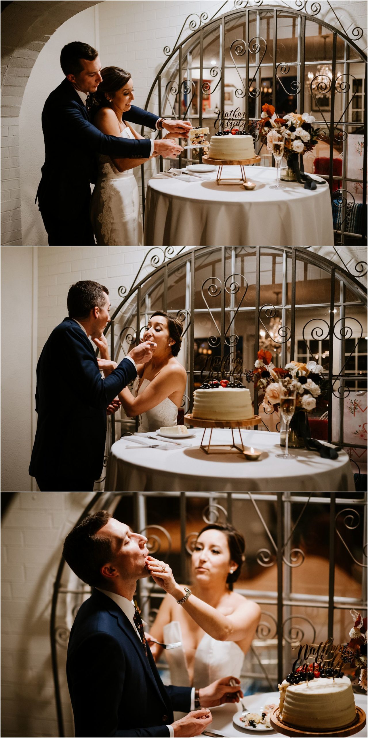 couple cuts cake at wedding