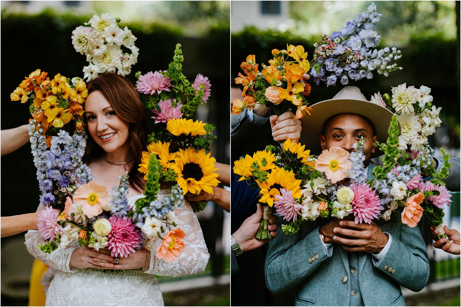 fun floral portrait idea for wedding couple