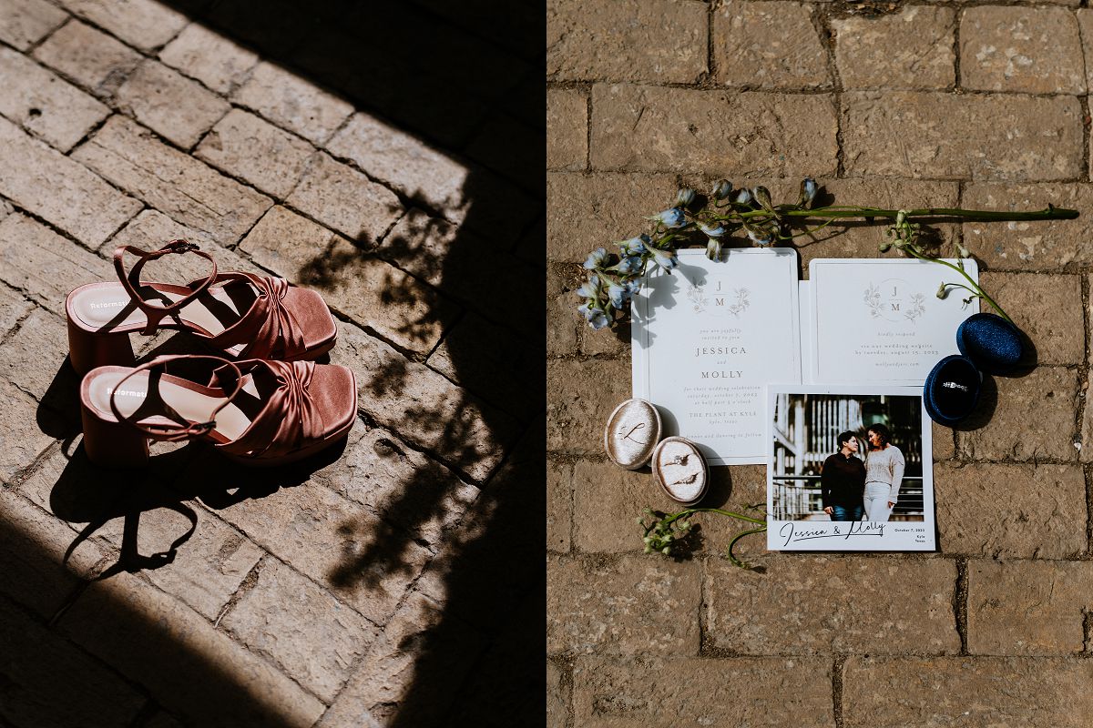 minimal layflat photo of invite, rings, and save the date card