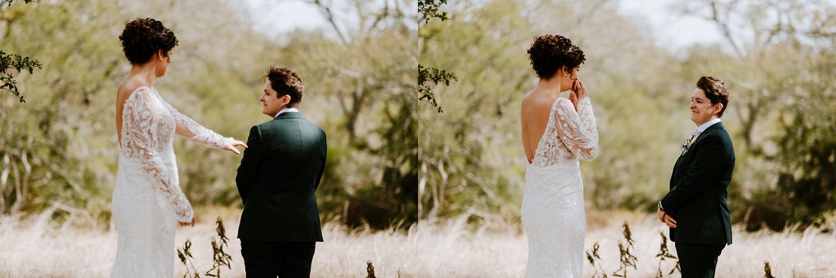 brides smiling at each other for first look