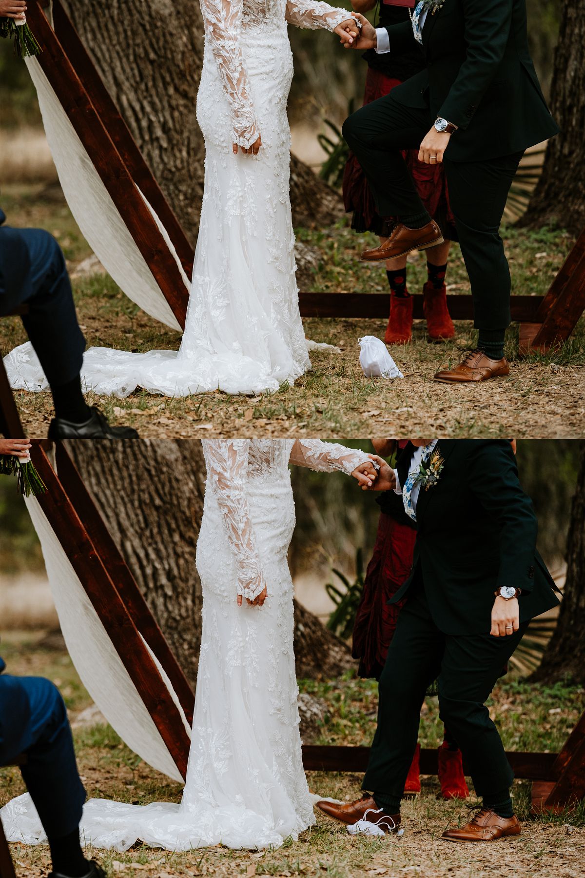 close up of bride stomping on glass during ceremony