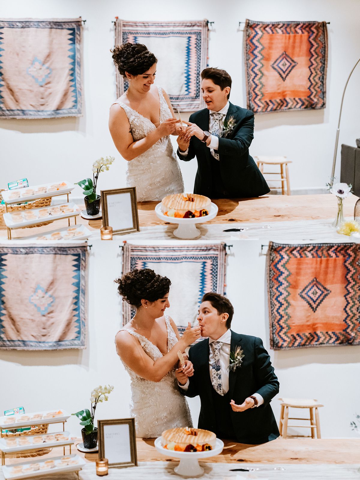 couple cutting cake at wedding