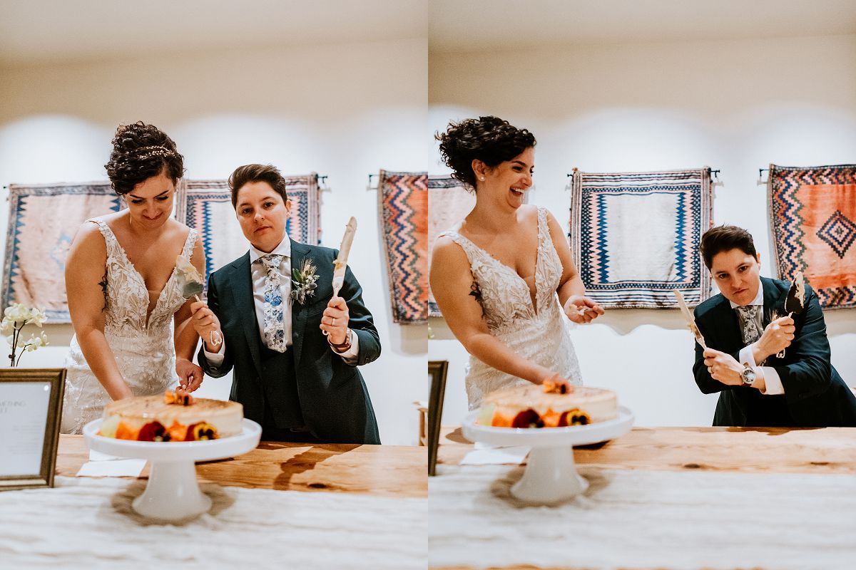 couple cutting cake at wedding