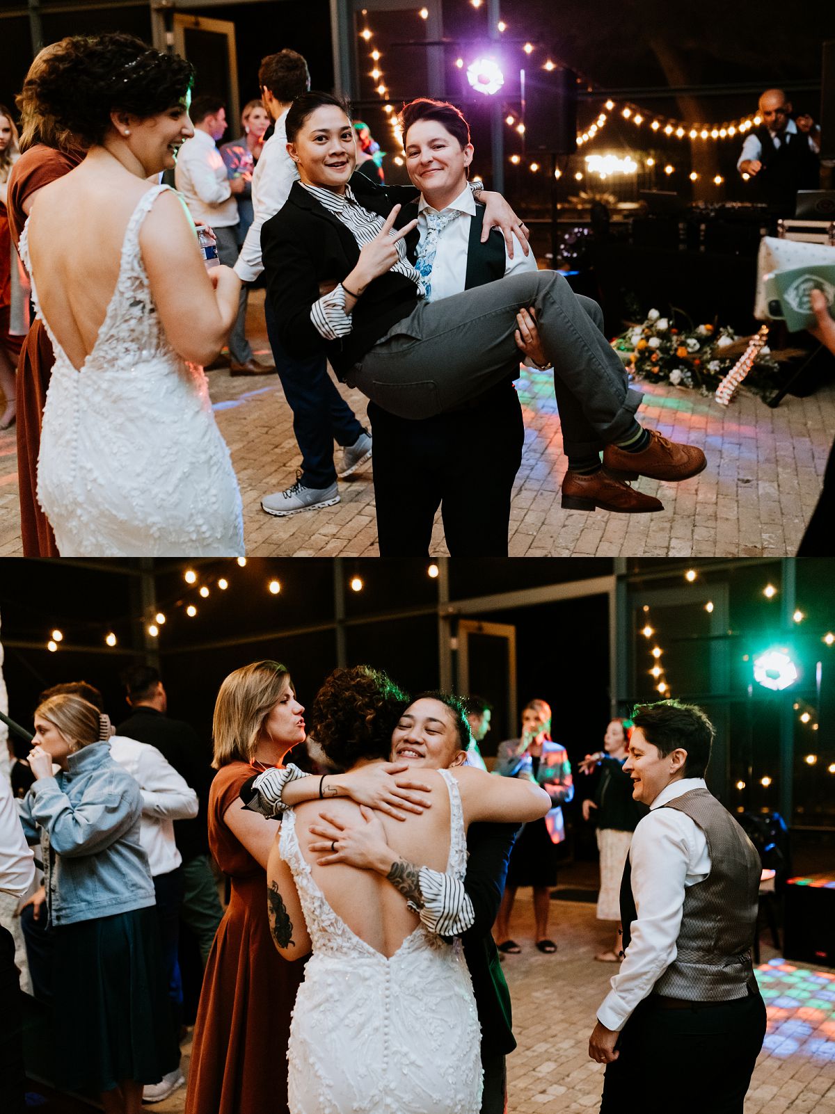 bride picking up friend in arms laughing